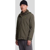 Olive green hooded jacket with zip closure, featuring Lyle & Scott logo on chest, worn by a model with a black beanie.