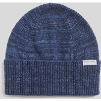 Navy Lyle & Scott beanie with multi marl pattern, ribbed fold-over cuff, and small logo tag on the side.