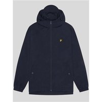 Dark navy Lyle & Scott hooded jacket with zip closure, elastic cuffs, and small yellow logo on chest, size XL.