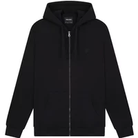 Black Lyle & Scott zip-up hoodie with drawstring hood, front pockets, and subtle logo on chest.
