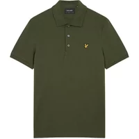Dark green Lyle & Scott polo shirt with short sleeves, buttoned collar, and yellow eagle logo on chest.