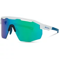 Madison Cipher sunglasses, gloss white frame, green mirror lenses, angular design with blue accents.
