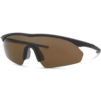 Black-framed sunglasses with dark amber lenses, sleek wraparound design, part of Madison D Arcs Triple Sunglasses Set.