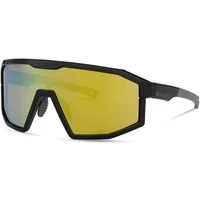 Madison Enigma sunglasses in gloss black with bronze mirror lenses and angular frame design.