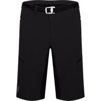 Black Madison Freewheel Trail MTB Cycling Shorts with belt, knee-length, and subtle logo on the lower left leg.