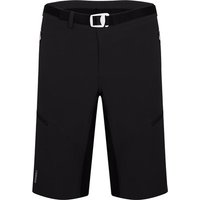 Black Madison Freewheel Trail women's shorts with belt, knee-length, sleek design, and subtle logo on the right leg.