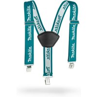 Teal and white Makita braces with black leather patch and metal clips, featuring Makita logo on straps.