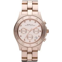Rose gold tone Marc Jacobs women's watch with round face, crystal hour markers, and link bracelet.