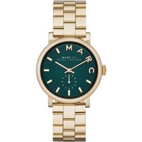 Gold Marc Jacobs ladies watch with green dial, gold markers, and link bracelet.
