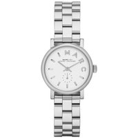 Silver Marc Jacobs Baker women's watch with round white dial, stainless steel bracelet, and logo hour markers.