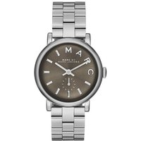Silver Marc Jacobs MBM3329 women's watch with round gray dial, silver markers, and link bracelet.