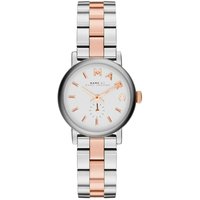 Two-tone Marc Jacobs women's watch with silver and rose gold bracelet, white dial, and rose gold hour markers.