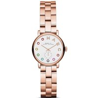 Rose gold Marc Jacobs women's watch with multicolored markers and link bracelet.