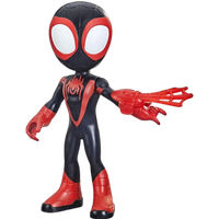 Miles Morales Spider-Man action figure in black and red suit with web-slinging pose and large white eyes.