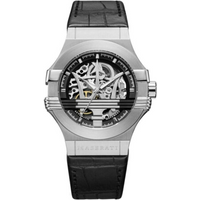 Maserati Potenza watch with black dial, silver skeleton design, and black leather strap.