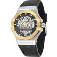 Maserati Potenza men's watch with gold bezel, skeleton dial, silver accents, and black leather strap.
