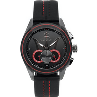 Black Maserati Traguardo chronograph watch with red accents, black dial, and black strap with red stitching.