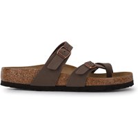 Brown Birkenstock Mayari sandals with cork sole, dual adjustable straps, and toe loop.