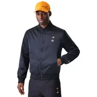 Black McLaren Racing Jacket by New Era, featuring button closure, orange logo accents, and ribbed cuffs.