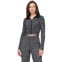 Gray melange cardigan with black collar, button-up front, and long sleeves, worn by a woman.