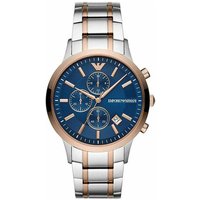 Silver and rose gold Armani chronograph watch with blue dial and stainless steel bracelet.