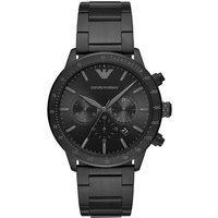 Black Emporio Armani AR11242 chronograph watch with matte finish, round dial, and link bracelet.