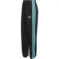 Black Adidas tracksuit bottoms with teal stripes, Mercedes AMG Petronas logo, elastic waistband, and relaxed fit.
