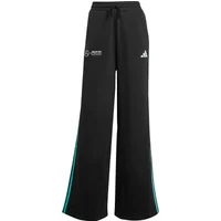 Black Mercedes AMG women's tracksuit trousers by Adidas, featuring teal side stripes and Petronas Formula One Team logo.