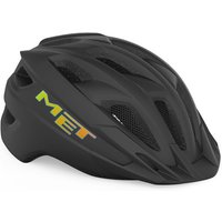 Black MET Crackerjack youth cycling helmet with green logo, aerodynamic vents, and adjustable fit system.