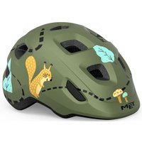 Green MET Hooray Kids Helmet XS with forest theme, squirrel and leaf graphics, and multiple ventilation holes.