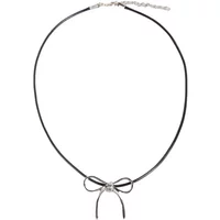 Metallic knot pendant necklace with black cord, featuring a silver knot design and adjustable clasp.