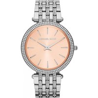 Silver Michael Kors ladies watch with rose gold dial, crystal-studded bezel, and linked bracelet.