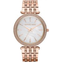 Rose gold Michael Kors women's watch with crystal bezel, mother of pearl dial, and link bracelet.