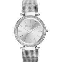 Michael Kors MK3367 Darci watch, silver mesh band, crystal-embellished bezel, minimalist silver dial with stick indices.