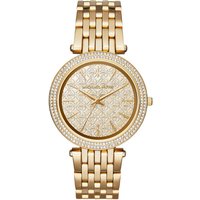 Gold Michael Kors Darci watch with crystal-embellished bezel, patterned dial, and linked bracelet.