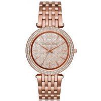 Rose gold Michael Kors Darci watch with crystal-studded face and bezel, linked bracelet strap.