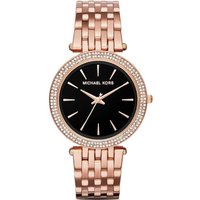 Rose gold Michael Kors Darci women's watch, black dial, crystal-studded bezel, and link bracelet.