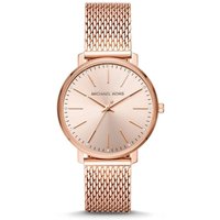 Rose gold Michael Kors ladies watch with crystal markers, mesh strap, and minimalist dial.
