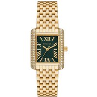 Gold Michael Kors MK4742 women's wristwatch with rectangular black dial, Roman numerals, and crystal-studded bezel.