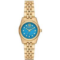 Gold Michael Kors MK4813 women's wristwatch with blue dial, Roman numeral at 12, and crystal hour markers.