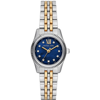 Two-tone Michael Kors MK4865 women's wristwatch with blue dial, gold Roman numeral, and silver-gold link bracelet.