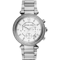 Silver Michael Kors MK5353 ladies watch with crystal-studded bezel, white dial, and stainless steel bracelet.