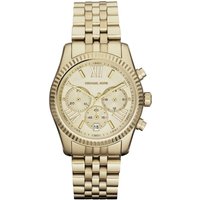 Gold Michael Kors chronograph watch with champagne dial, Roman numerals, and link bracelet.