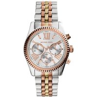 Two-tone Michael Kors MK5735 Lexington watch with rose gold accents, Roman numerals, and chronograph subdials.
