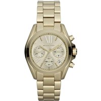 Gold Michael Kors MK5798 ladies watch with Roman numeral XII, three subdials, and link bracelet.