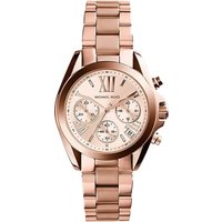 Rose gold Michael Kors chronograph watch, stainless steel band, Roman numerals, three subdials, Bradshaw Collection.