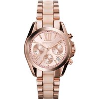 Rose gold Michael Kors MK6066 Bradshaw ladies watch with Roman numerals, chronograph dials, and link bracelet.