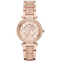 Rose gold Michael Kors MK6110 Parker ladies watch with crystal-embellished bezel and chronograph subdials.