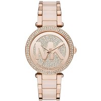 Rose gold Michael Kors watch with crystal pave logo dial and 39mm case, featuring a metal link bracelet.