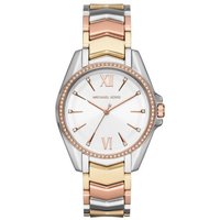 Two-tone Michael Kors women's watch with diamond accents, silver dial, and gold and rose gold bracelet.